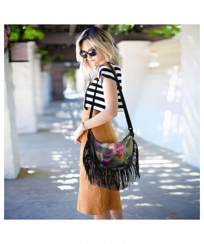 Purple White Floral Women Fringe Crossbody Bags with Zipper Women Saddle Tassel Hobo Bag, with Adjustable Strap for Women Dai...