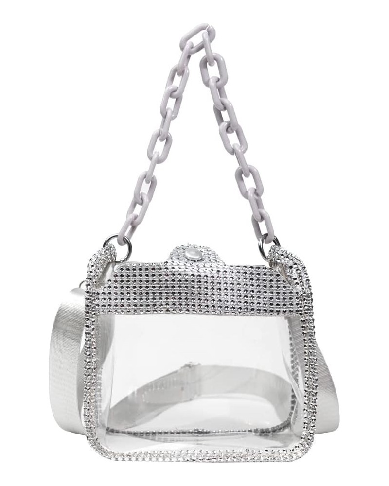 Rhinestone Clear Handbags Transparent Thick Chain Women Tote Bag Shiny Portable Elegant Personality Simple Silver $7.87 Totes