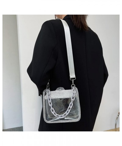 Rhinestone Clear Handbags Transparent Thick Chain Women Tote Bag Shiny Portable Elegant Personality Simple Silver $7.87 Totes