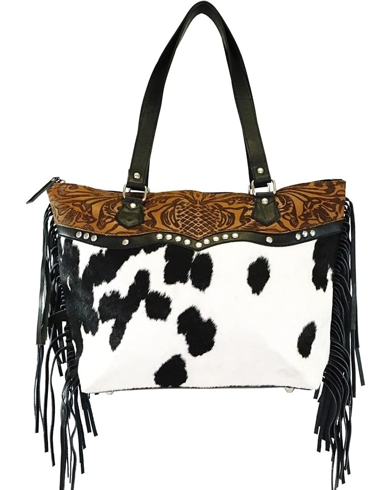 women's cowhide leather large shoulder tote bag western pattern with fringes and zipper closure 11A Black $62.00 Totes