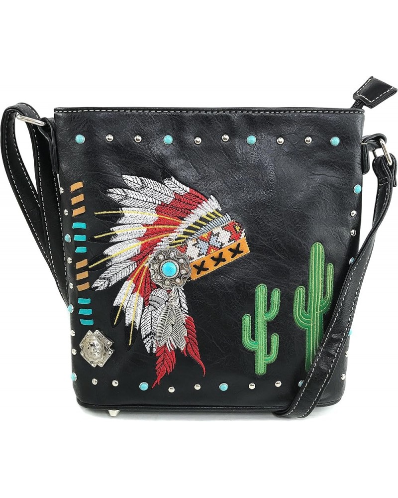 Native American Chieftain Cactus Feathers Embroidered Studded CCW Concealed Carry Shoulder Purse Handbag Black Messenger Only...