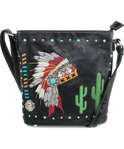 Native American Chieftain Cactus Feathers Embroidered Studded CCW Concealed Carry Shoulder Purse Handbag Black Messenger Only...