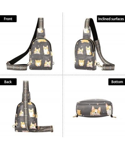 Crossbody Sling Bag for Women Men Leather Chest Bags Purse Adjustable Cross Body Daypack for Work Shopping Traveling Corgi Cu...