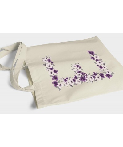 Initialled Natural Cotton Tote Bag - Violet Flowers - Pick A Letter E $16.81 Totes