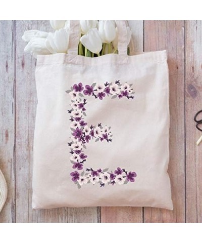 Initialled Natural Cotton Tote Bag - Violet Flowers - Pick A Letter E $16.81 Totes