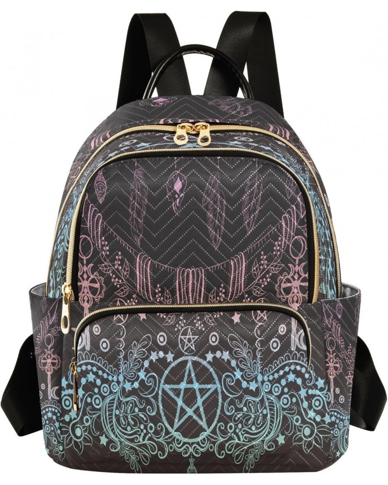 Boho Chic Style Star Pentagram Keys Feathers Backpack for Women Purse Bag Travel Handbag Shoulder Bag $18.89 Backpacks