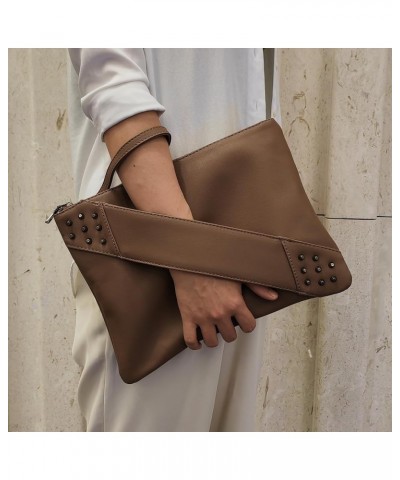 Fashion Women Clutches Rivet PU Leather Crossbody Bag Envelope Clutch Purse with Hand Strap Dark Khaki $14.30 Clutches