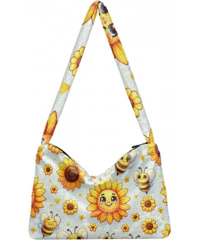 Ladies Soft Plush Underarm Bag Cute-sunflower-bee Fluffy Shoulder Bag Women Furry Purse Handbag $16.95 Shoulder Bags