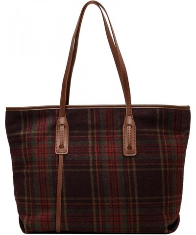 British Style Tote Bag Wool Plaid Large Bag Women's Literary Retro Commuter Shoulder Bag Red Grid $32.90 Totes