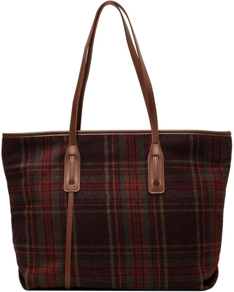 British Style Tote Bag Wool Plaid Large Bag Women's Literary Retro Commuter Shoulder Bag Red Grid $32.90 Totes