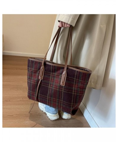 British Style Tote Bag Wool Plaid Large Bag Women's Literary Retro Commuter Shoulder Bag Red Grid $32.90 Totes