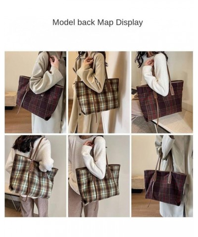 British Style Tote Bag Wool Plaid Large Bag Women's Literary Retro Commuter Shoulder Bag Red Grid $32.90 Totes