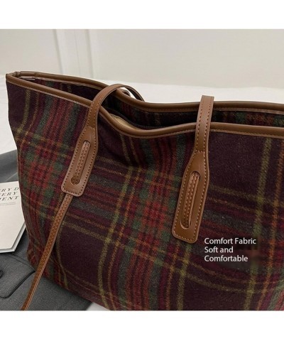 British Style Tote Bag Wool Plaid Large Bag Women's Literary Retro Commuter Shoulder Bag Red Grid $32.90 Totes