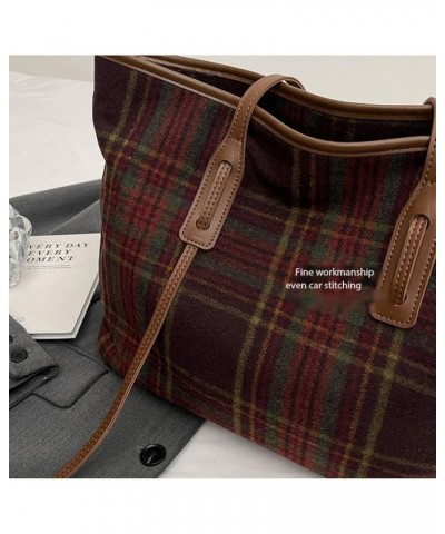 British Style Tote Bag Wool Plaid Large Bag Women's Literary Retro Commuter Shoulder Bag Red Grid $32.90 Totes