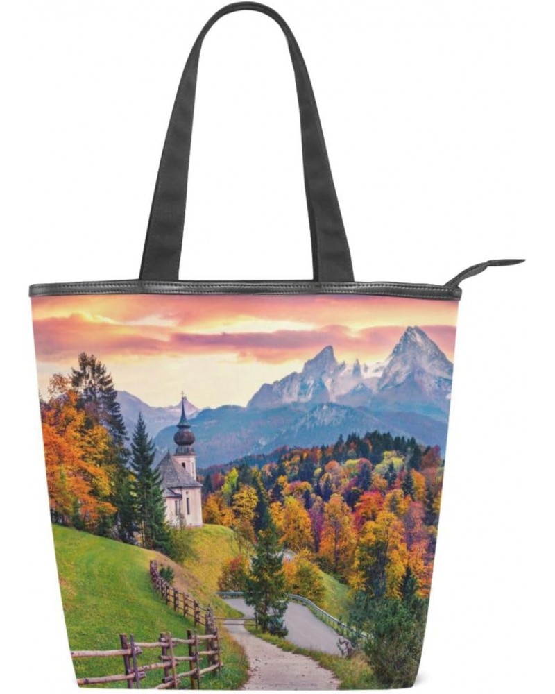 Tote Bag Countryside Autumn Landscape Canvas Zippered Tote Handbag for Women with 2 Interior Pockets $11.95 Totes