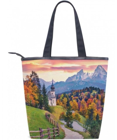 Tote Bag Countryside Autumn Landscape Canvas Zippered Tote Handbag for Women with 2 Interior Pockets $11.95 Totes