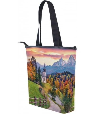 Tote Bag Countryside Autumn Landscape Canvas Zippered Tote Handbag for Women with 2 Interior Pockets $11.95 Totes