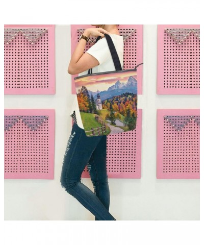 Tote Bag Countryside Autumn Landscape Canvas Zippered Tote Handbag for Women with 2 Interior Pockets $11.95 Totes