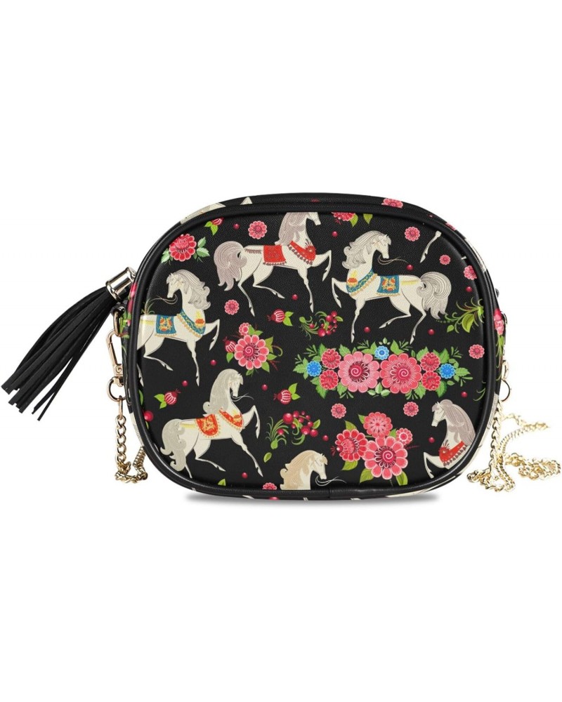 Women's Galloping Horse Safflower Black Crossbody Bag Fashion Purses Bag Cross Body Bag Shoulder Handbag with Adjustable Chai...