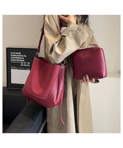 Trendy Shoulder Bag Large Capacity PU Vintage Commuting Bag Women Fashion Bucket Bag Solid Color Adjustable Strap Red $11.43 ...