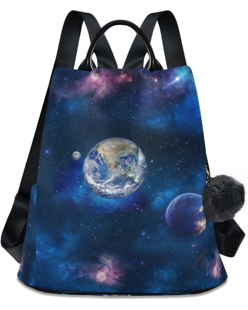 Space Planets Stars Galaxy Pattern Women's Backpack Purse Anti Theft Casual Fashion Bag with Pompom Space Planets Stars Galax...