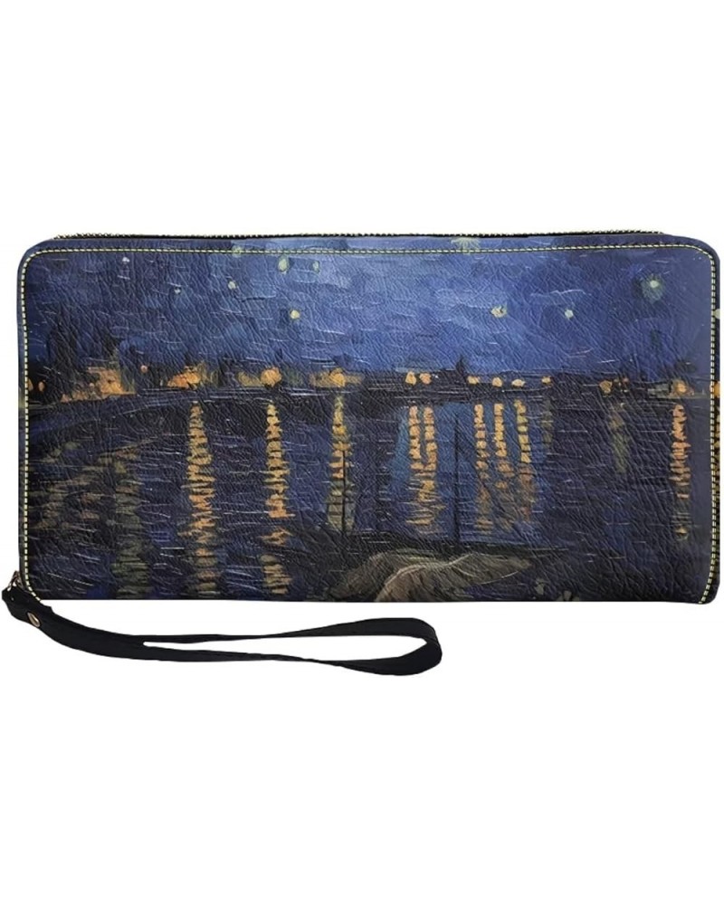 Womens Zipper Wallet, Ethnic Style PU Leather Wristlet Purse, Zip Around Card Holder Organizer Clutch Handbag Van Gogh Starry...