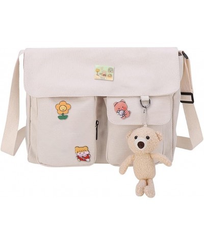 Japanese Shoulder Bag Large-capacity Harajuku Satchels Canvas Kawaii Badge Pendants Flap Pocket School Bookbag Khaki Bear Pen...