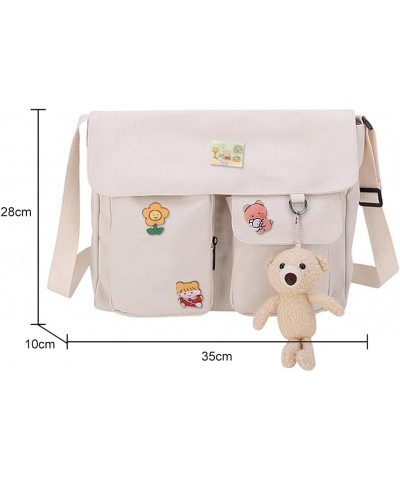 Japanese Shoulder Bag Large-capacity Harajuku Satchels Canvas Kawaii Badge Pendants Flap Pocket School Bookbag Khaki Bear Pen...