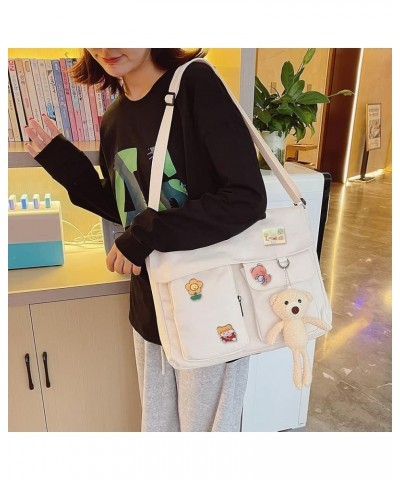 Japanese Shoulder Bag Large-capacity Harajuku Satchels Canvas Kawaii Badge Pendants Flap Pocket School Bookbag Khaki Bear Pen...