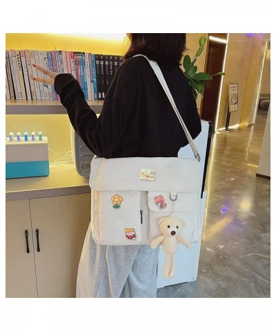 Japanese Shoulder Bag Large-capacity Harajuku Satchels Canvas Kawaii Badge Pendants Flap Pocket School Bookbag Khaki Bear Pen...