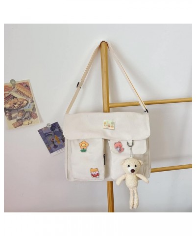 Japanese Shoulder Bag Large-capacity Harajuku Satchels Canvas Kawaii Badge Pendants Flap Pocket School Bookbag Khaki Bear Pen...