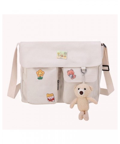 Japanese Shoulder Bag Large-capacity Harajuku Satchels Canvas Kawaii Badge Pendants Flap Pocket School Bookbag Khaki Bear Pen...