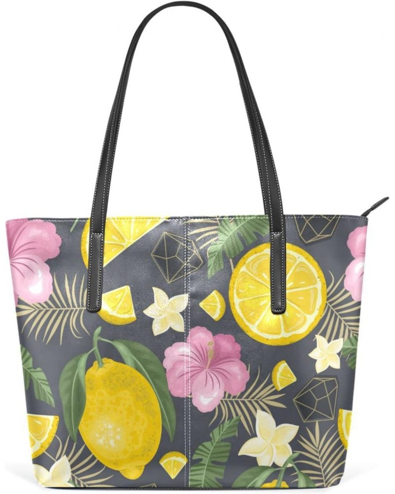 Fresh Lemon Tropical Leaves Tote Bag with Zipper PU Leather Handbags for Women Top Handle Ladies Shoulder Bag with External P...