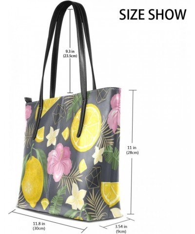 Fresh Lemon Tropical Leaves Tote Bag with Zipper PU Leather Handbags for Women Top Handle Ladies Shoulder Bag with External P...