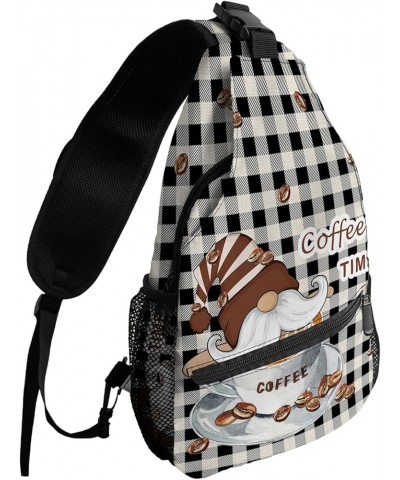 Sling Backpack, COFFEE TIME Gnome and Coffee Cup Black and White Plaid Waterproof Lightweight Small Sling Bag, Travel Chest B...