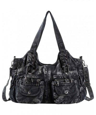 Casual Washed Denim Shoulder Bags Top Handle Lady's Hobo Bags Women Purses And Handbags Black $20.16 Hobo Bags