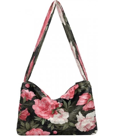 Tropical Leaves Women Shoulder Bag, Fall Shoulder Bags for Women, Womens Outdoor Bag Floral With Pink Flowers on Black-1 $10....