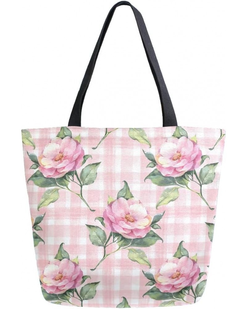 Pink Rose Flower Floral Buffalo Plaid Checkered Large Canvas Tote Bag Shopping Shoulder Handbag with Small Zippered Pocket $1...