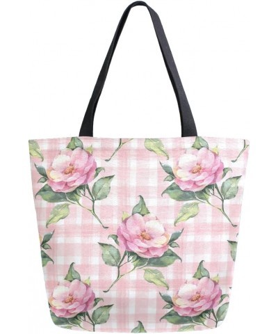 Pink Rose Flower Floral Buffalo Plaid Checkered Large Canvas Tote Bag Shopping Shoulder Handbag with Small Zippered Pocket $1...