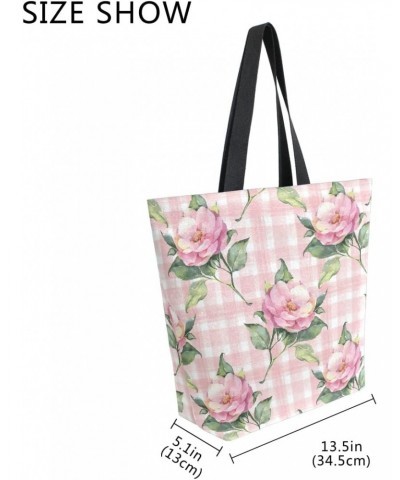 Pink Rose Flower Floral Buffalo Plaid Checkered Large Canvas Tote Bag Shopping Shoulder Handbag with Small Zippered Pocket $1...