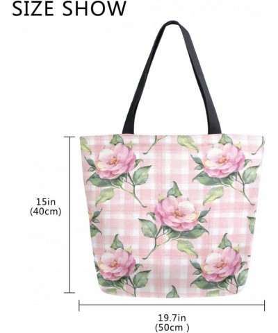 Pink Rose Flower Floral Buffalo Plaid Checkered Large Canvas Tote Bag Shopping Shoulder Handbag with Small Zippered Pocket $1...